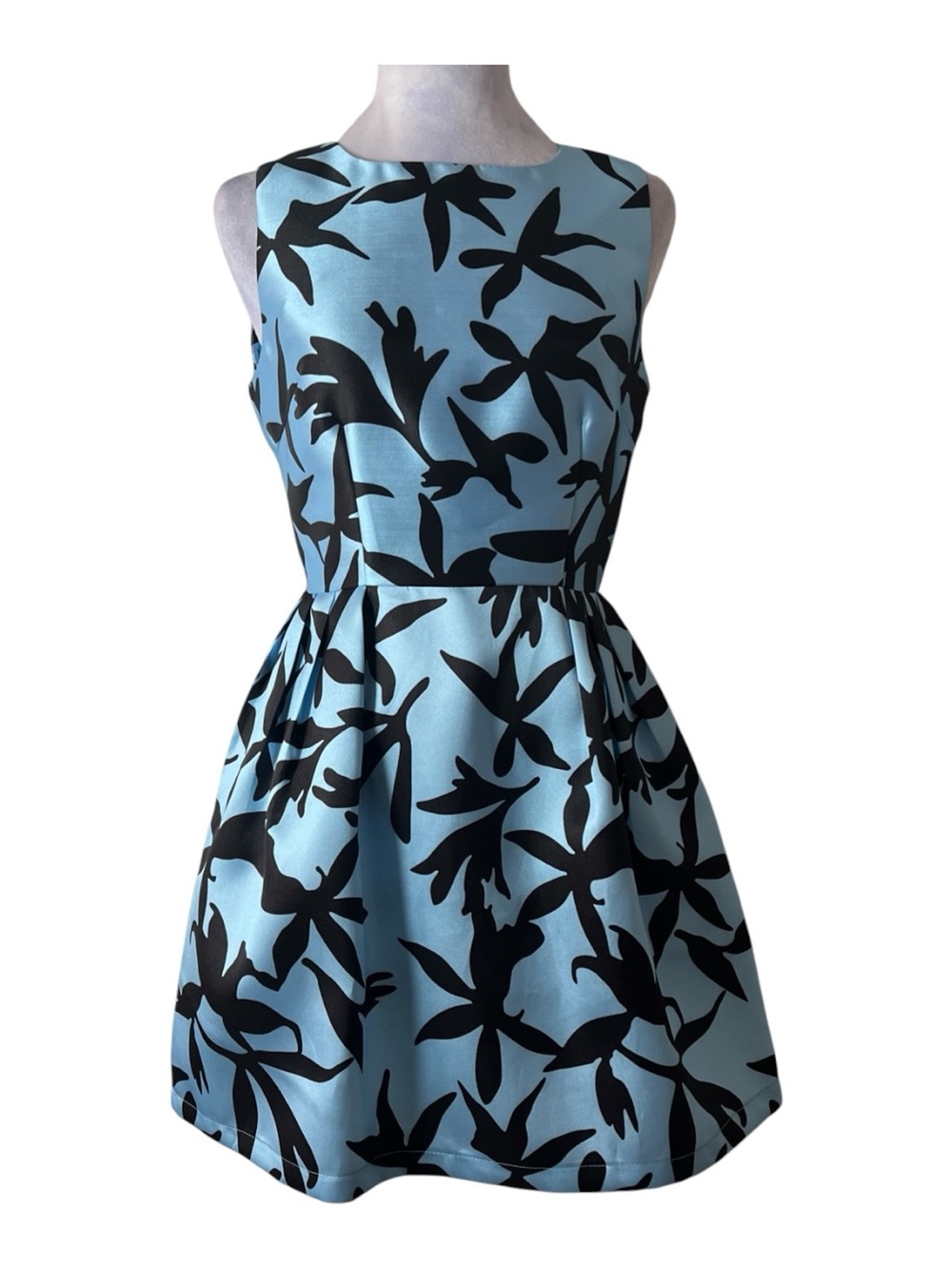 NWT AX Paris Black Floral Print on Light Blue Sleeveless Fit-&-Flare Dress Sz 6